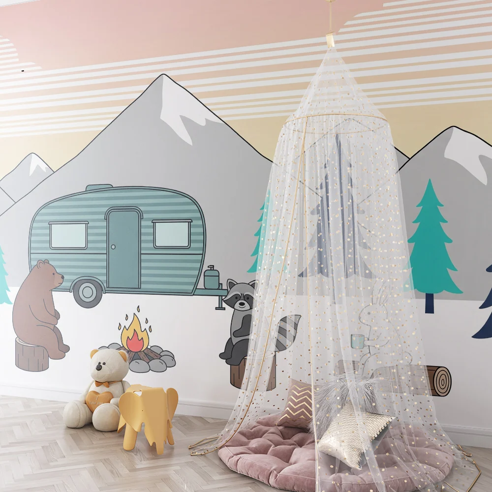 Papier peint chambre enfant | Aventure en pleine nature avec ours, raton laveur et lapin