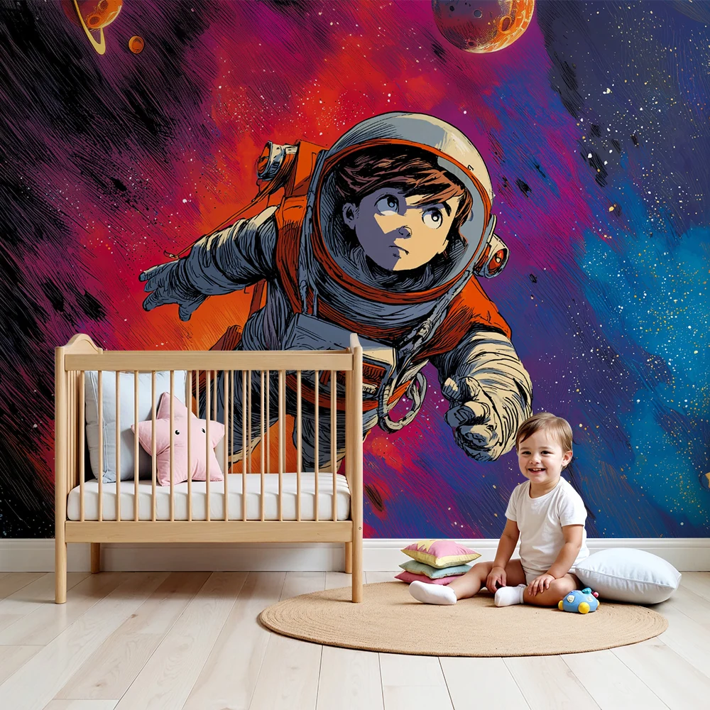 Papier peint chambre enfant | Aventure spatiale et cosmonautes colorés