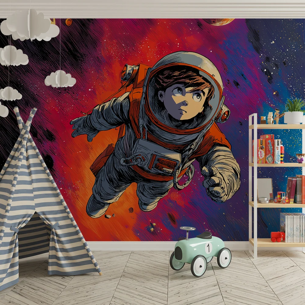 Papier peint chambre enfant | Aventure spatiale et cosmonautes colorés