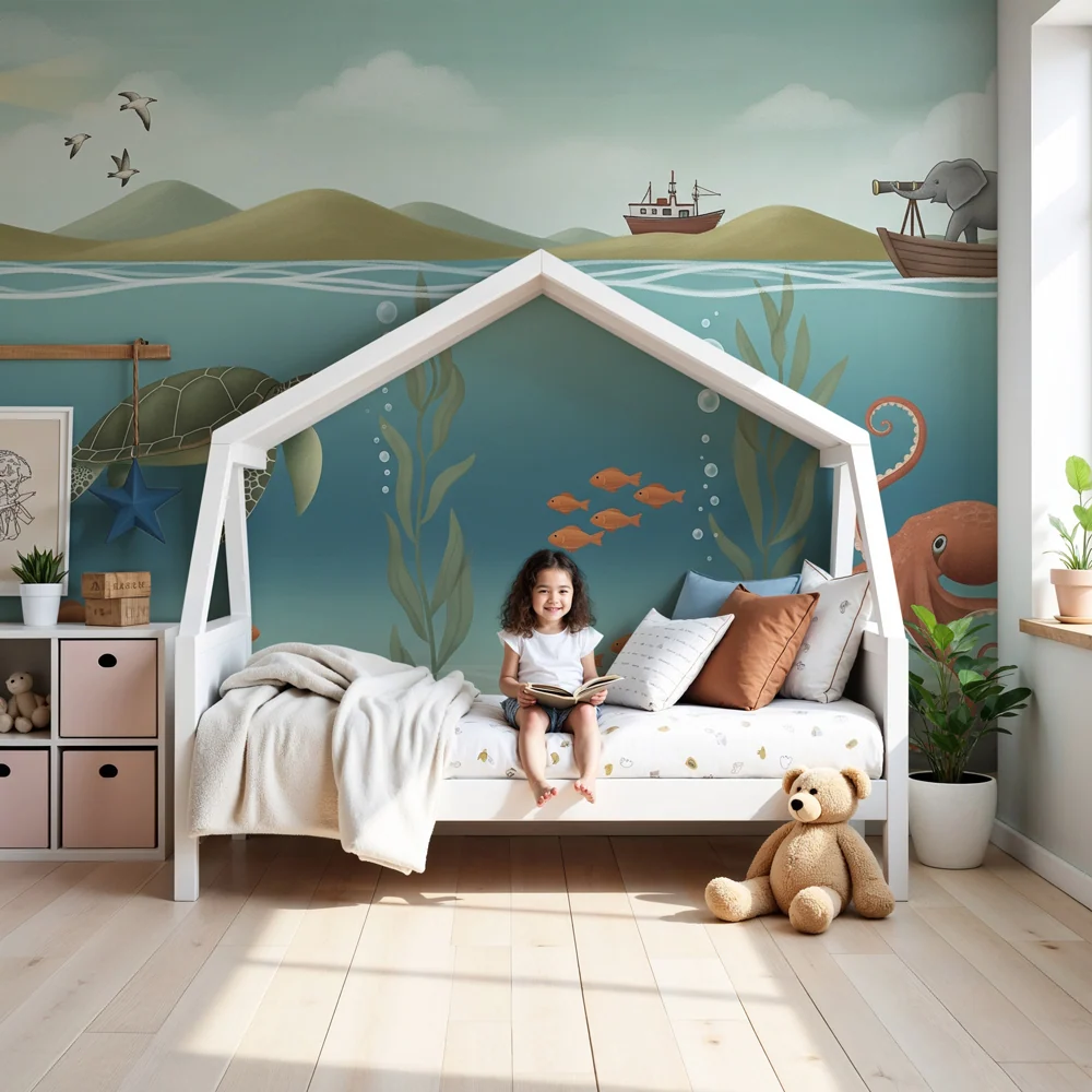 Papier peint chambre enfant | Aventures sous-marines avec tortue et pieuvre