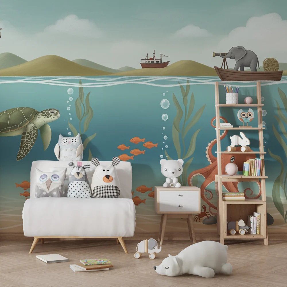 Papier peint chambre enfant | Aventures sous-marines avec tortue et pieuvre