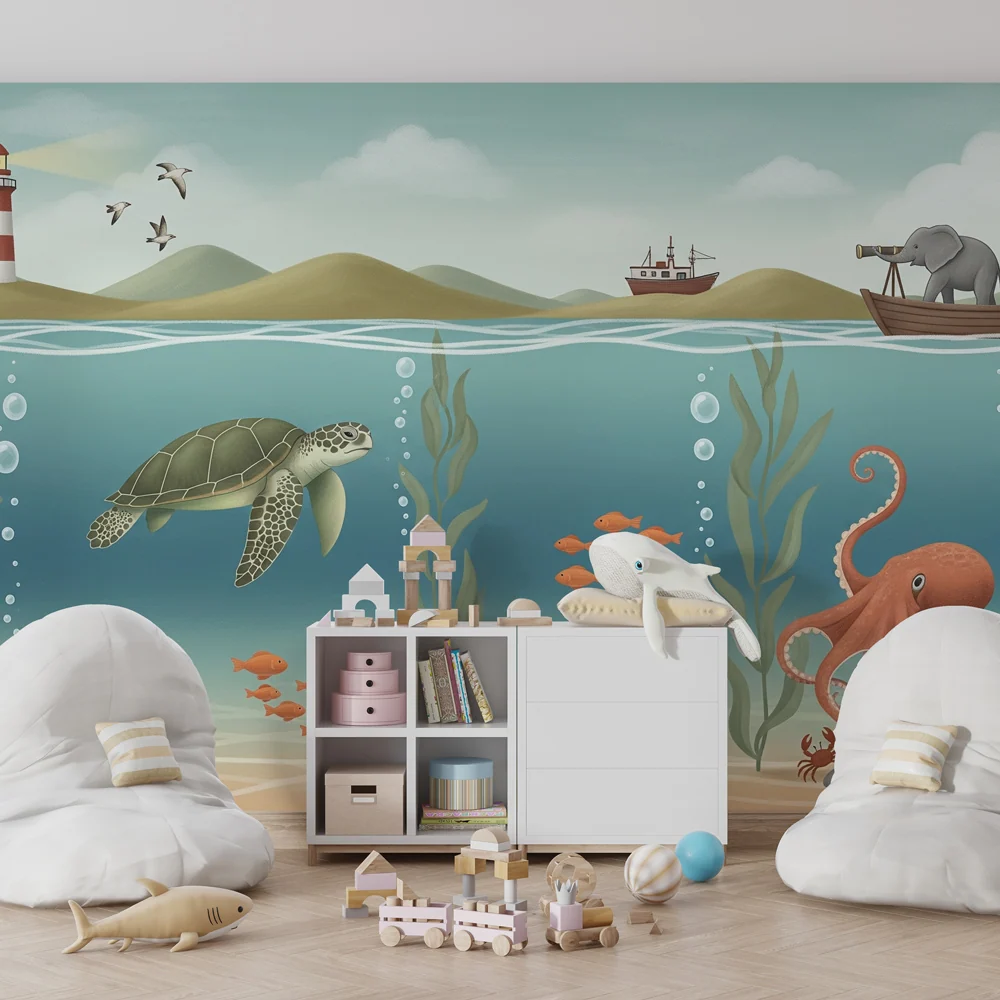 Papier peint chambre enfant | Aventures sous-marines avec tortue et pieuvre