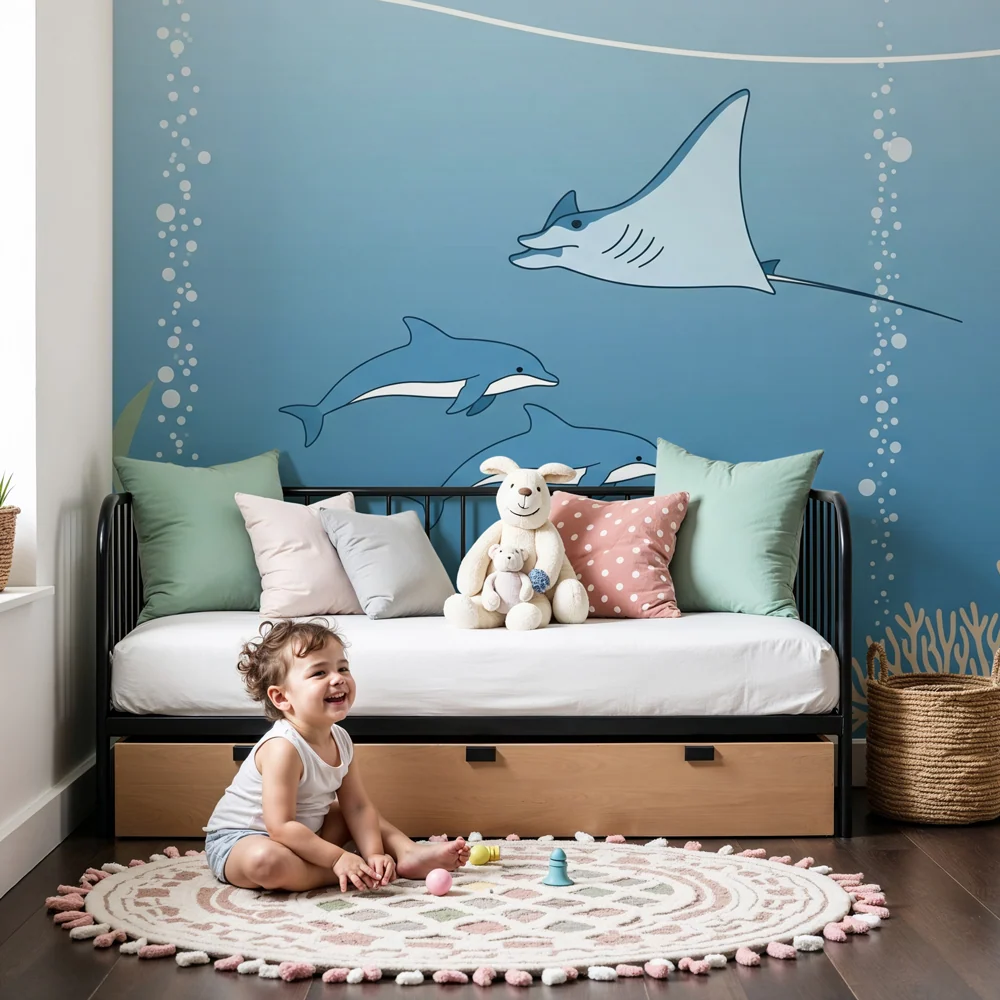 Papier peint chambre enfant | Aventures sous-marines avec raies et dauphins