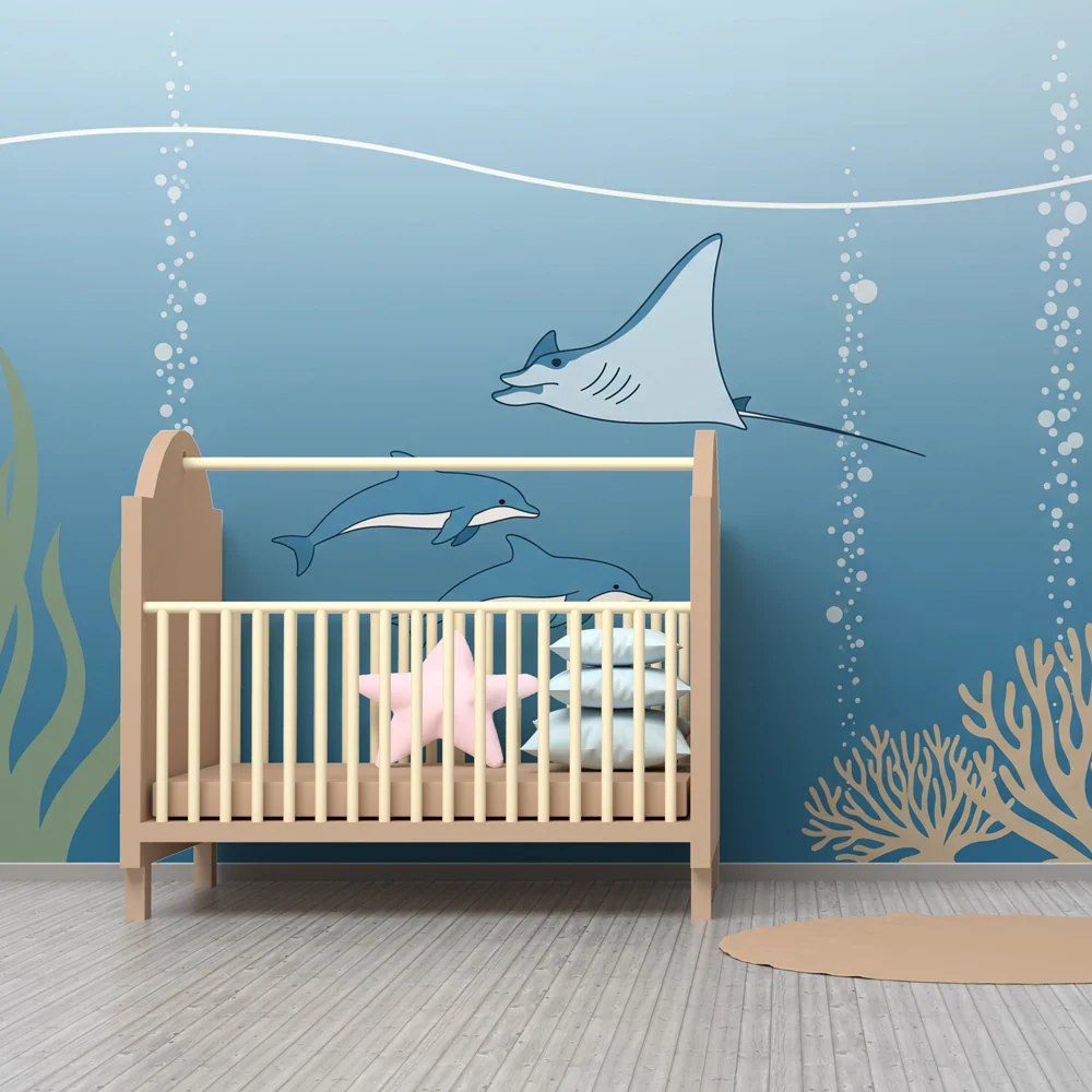 Papier peint chambre enfant | Aventures sous-marines avec raies et dauphins