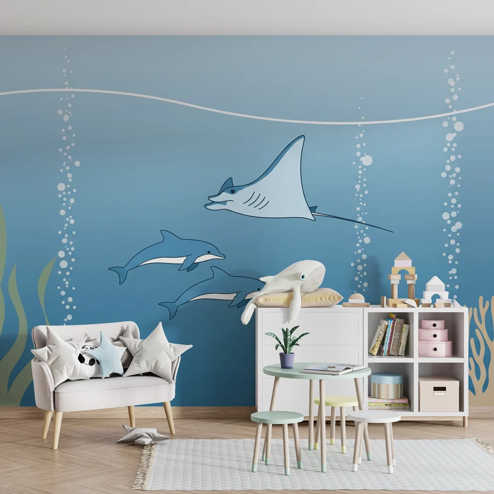 Papier peint chambre enfant | Aventures sous-marines avec raies et dauphins