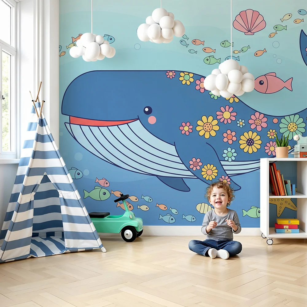 Papier peint chambre enfant | Baleine colorée et monde sous-marin enchanteur
