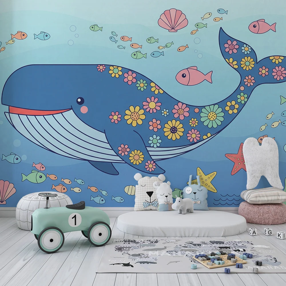 Papier peint chambre enfant | Baleine colorée et monde sous-marin enchanteur