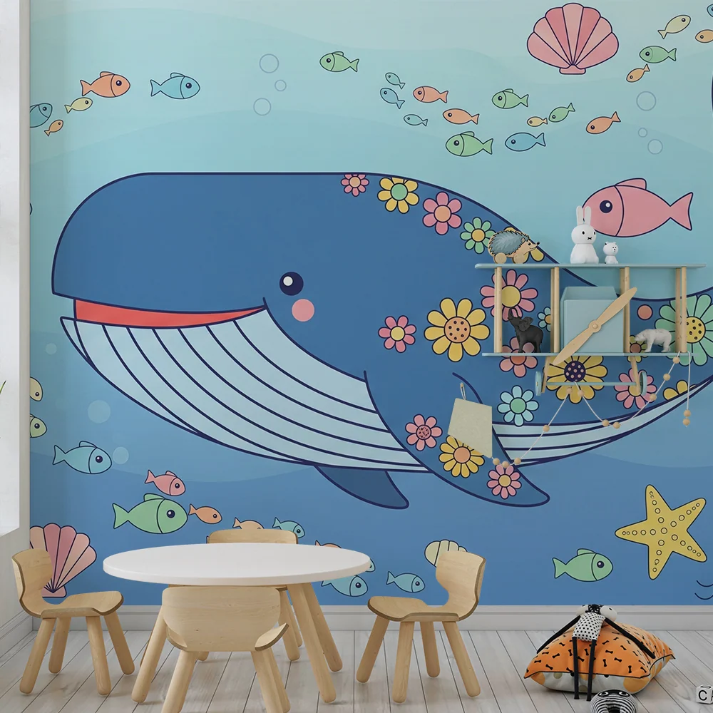 Papier peint chambre enfant | Baleine colorée et monde sous-marin enchanteur
