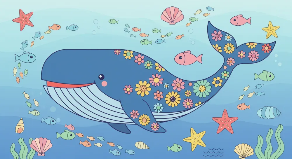 Papier peint chambre enfant | Baleine colorée et monde sous-marin enchanteur