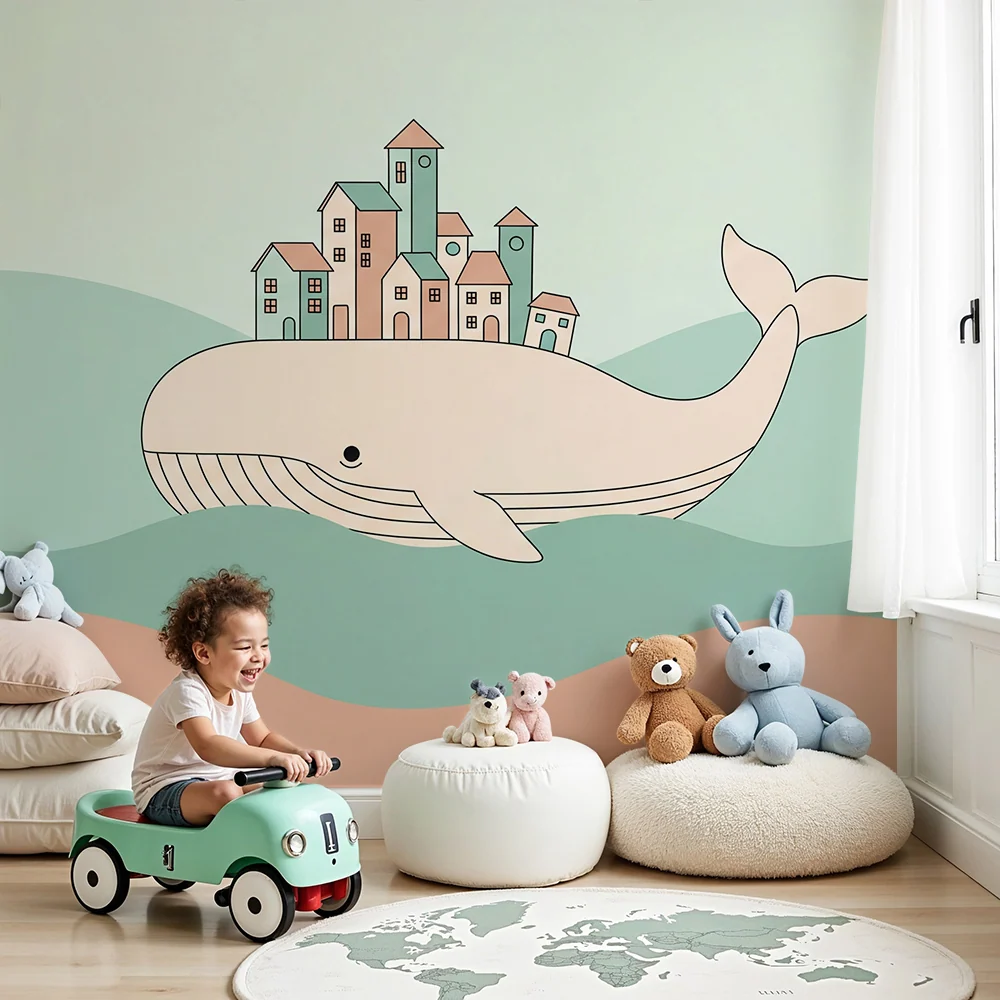 Papier peint chambre enfant | Baleine majestueuse portant une ville colorée