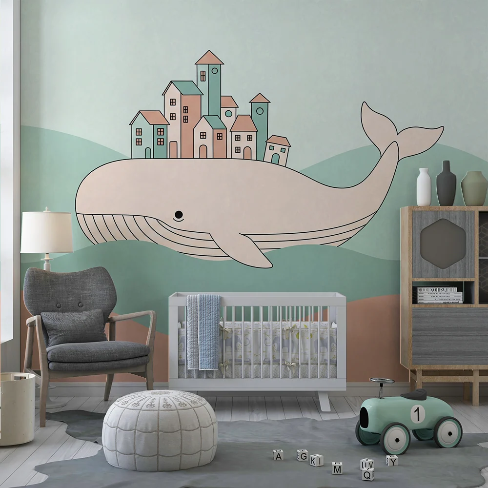 Papier peint chambre enfant | Baleine majestueuse portant une ville colorée