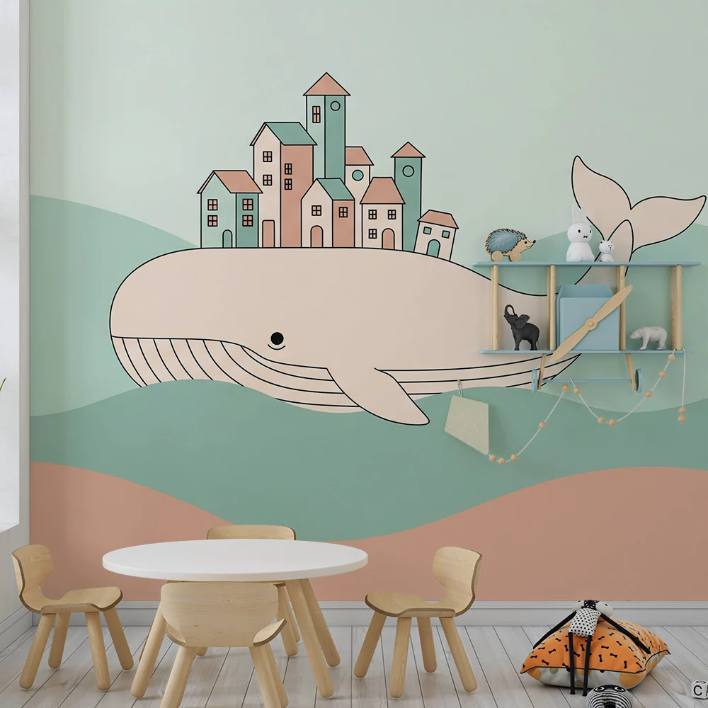 Papier peint chambre enfant | Baleine majestueuse portant une ville colorée