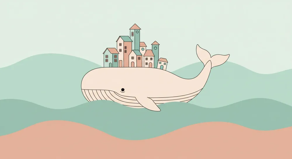 Papier peint chambre enfant | Baleine majestueuse portant une ville colorée