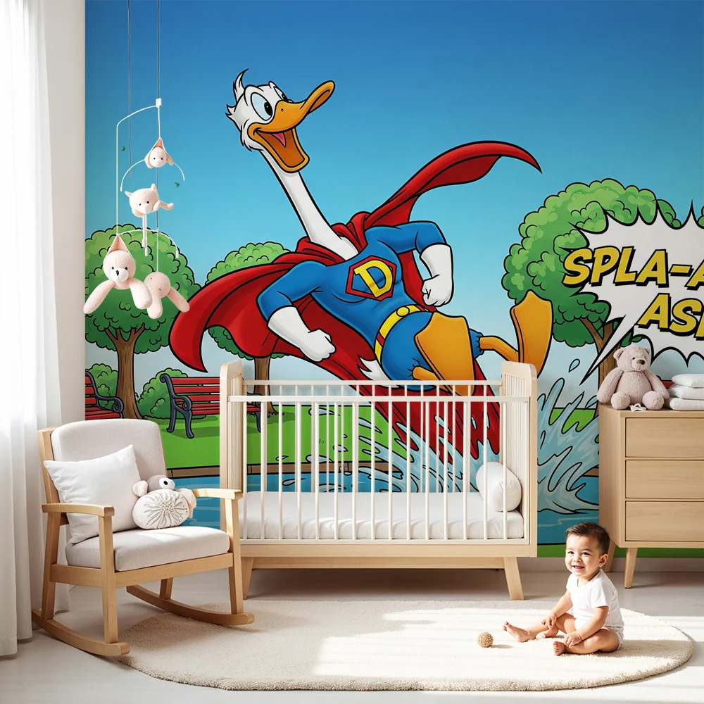 Papier peint chambre enfant | Canard super-héros éclaboussant dans un parc ensoleillé