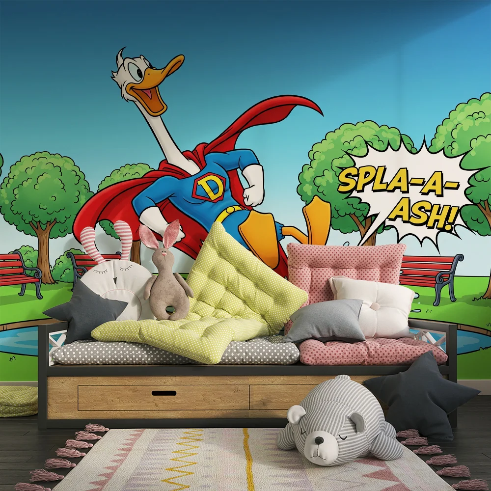 Papier peint chambre enfant | Canard super-héros éclaboussant dans un parc ensoleillé