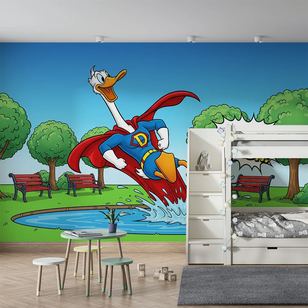 Papier peint chambre enfant | Canard super-héros éclaboussant dans un parc ensoleillé