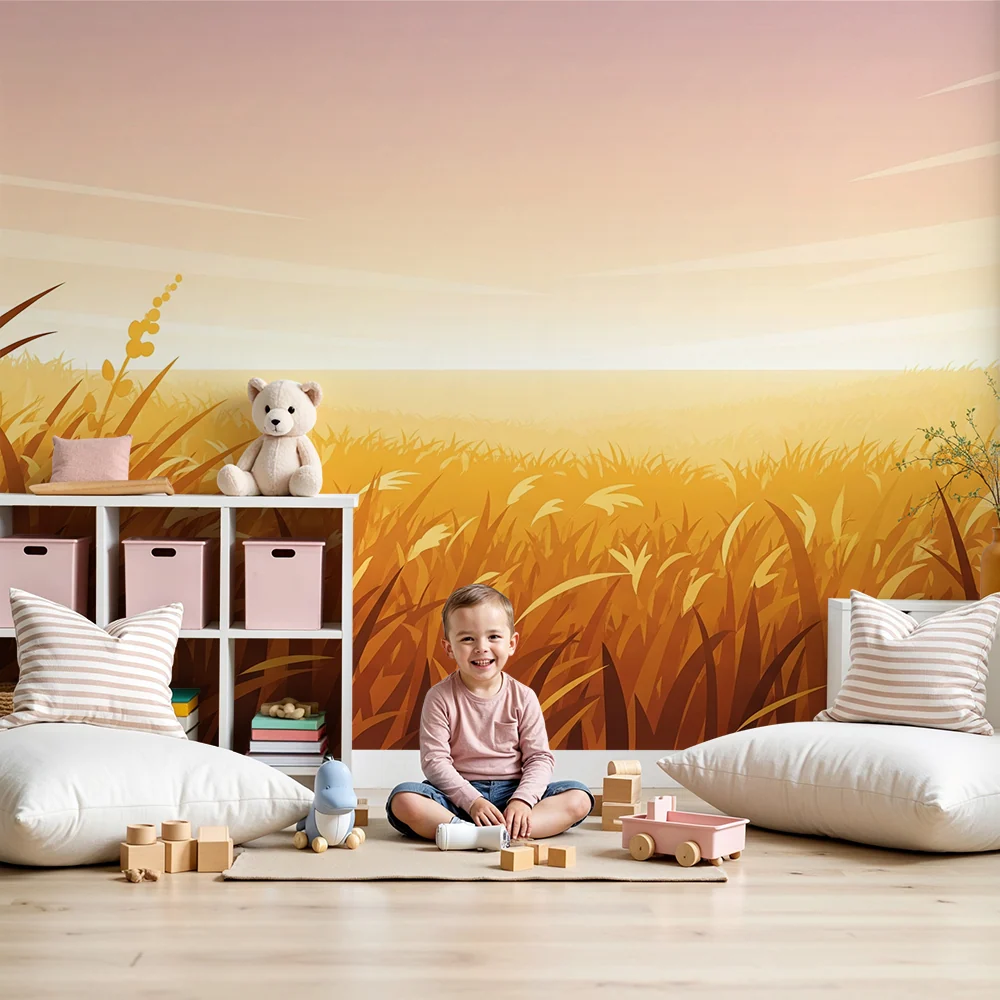 Papier peint chambre enfant | Champ doré au coucher de soleil