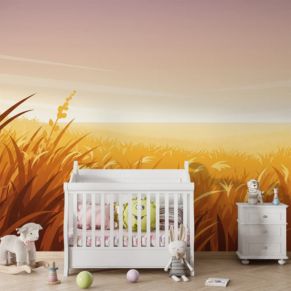 Papier peint chambre enfant | Champ doré au coucher de soleil