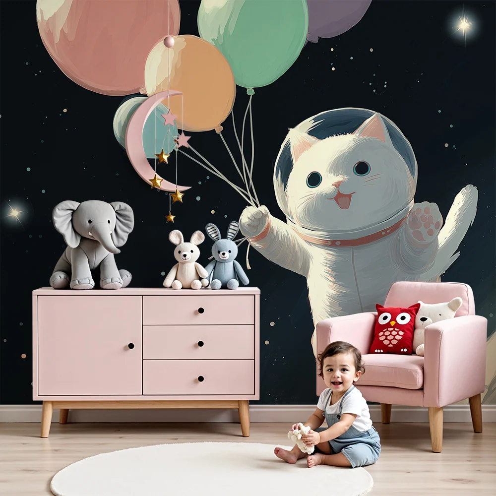 Papier peint chambre enfant | Chat astronaute flottant avec des ballons colorés dans l'espace
