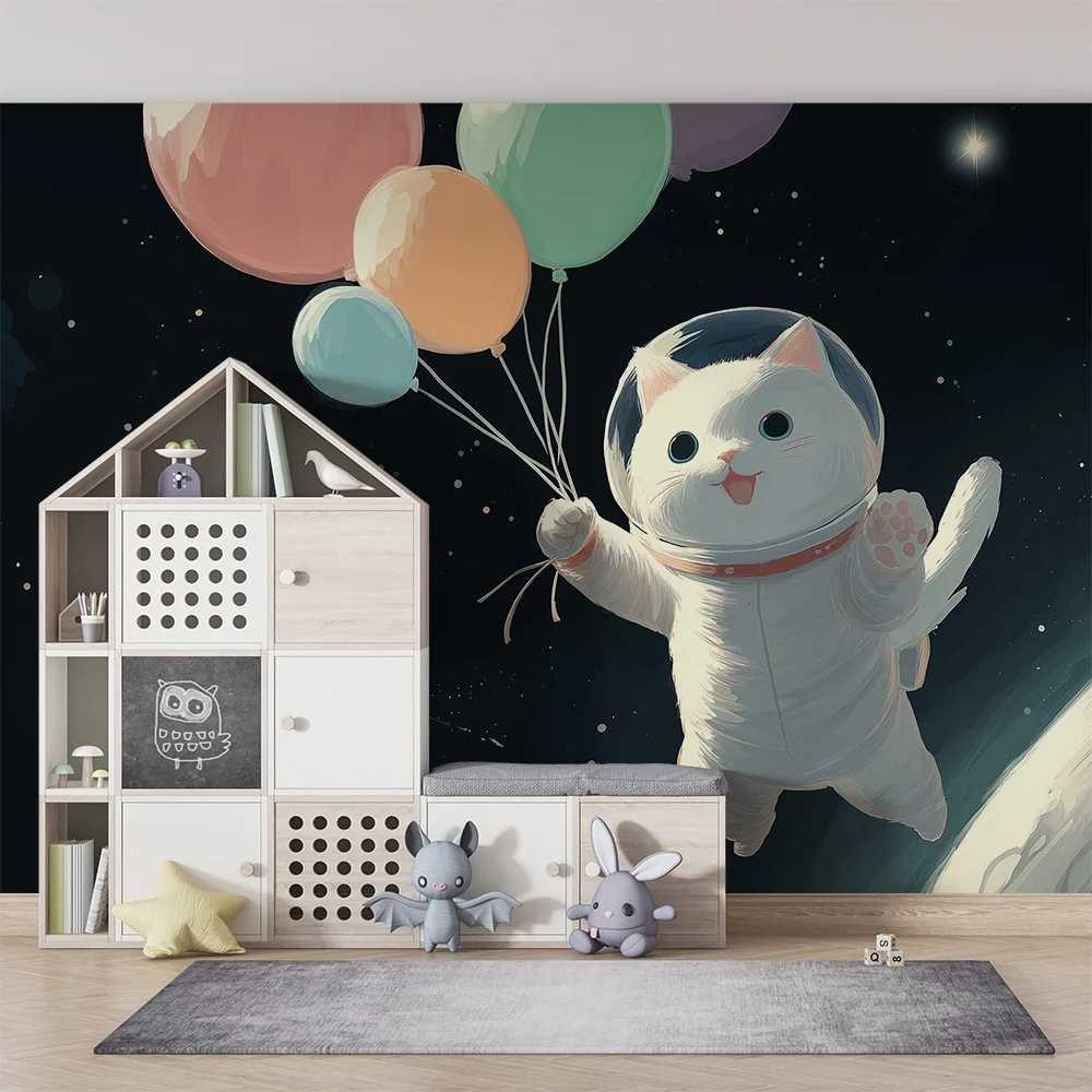 Papier peint chambre enfant | Chat astronaute flottant avec des ballons colorés dans l'espace
