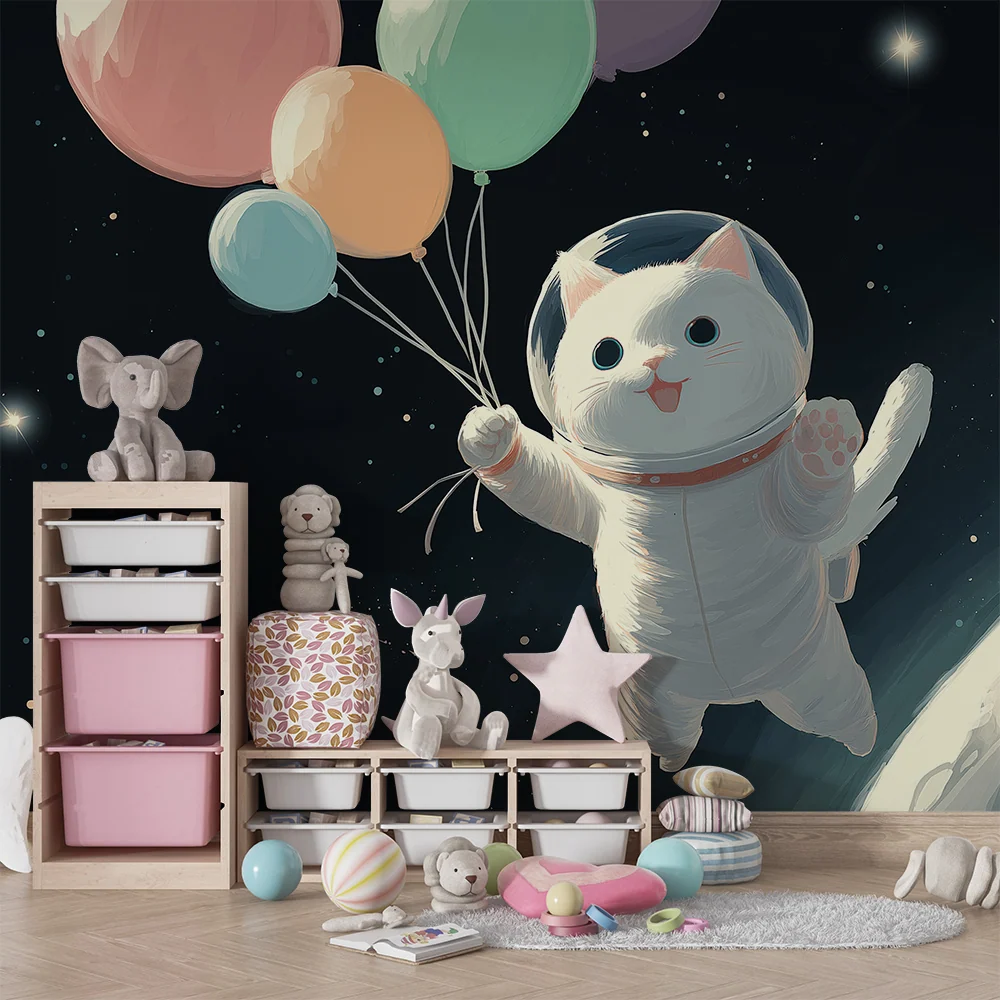 Papier peint chambre enfant | Chat astronaute flottant avec des ballons colorés dans l'espace