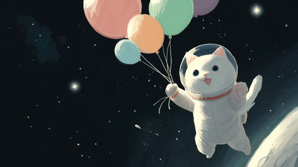 Papier peint chambre enfant | Chat astronaute flottant avec des ballons colorés dans l'espace