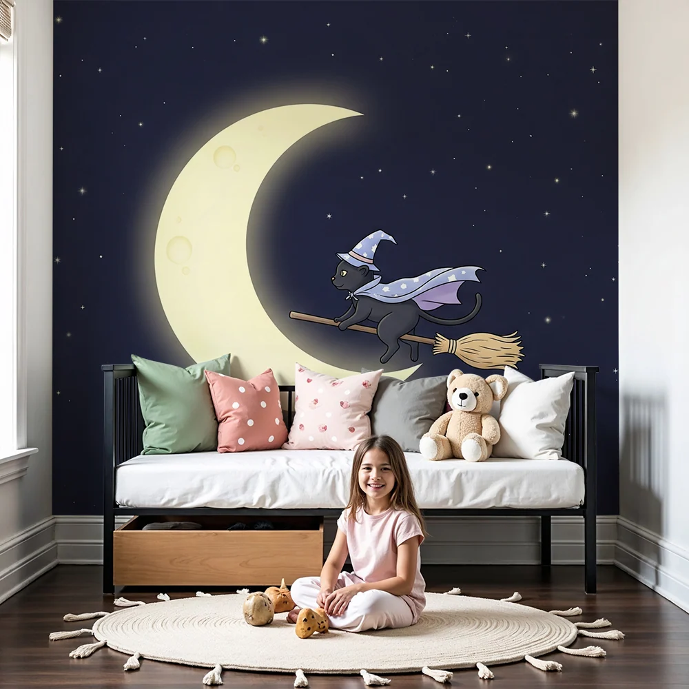 Papier peint chambre enfant | Chat magique sur un balai sous la lune