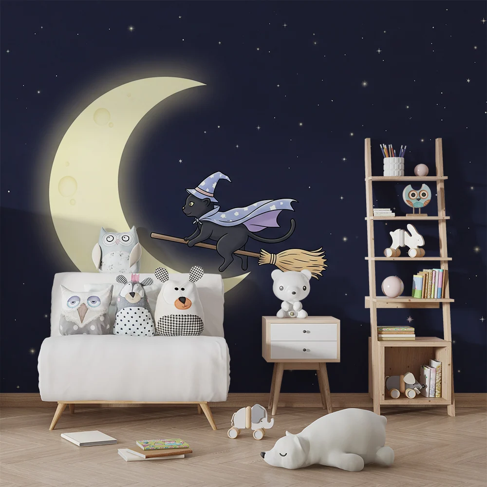 Papier peint chambre enfant | Chat magique sur un balai sous la lune