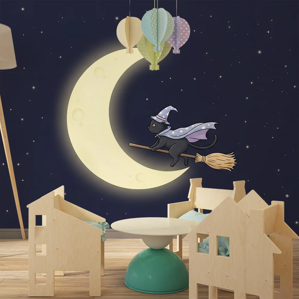 Papier peint chambre enfant | Chat magique sur un balai sous la lune