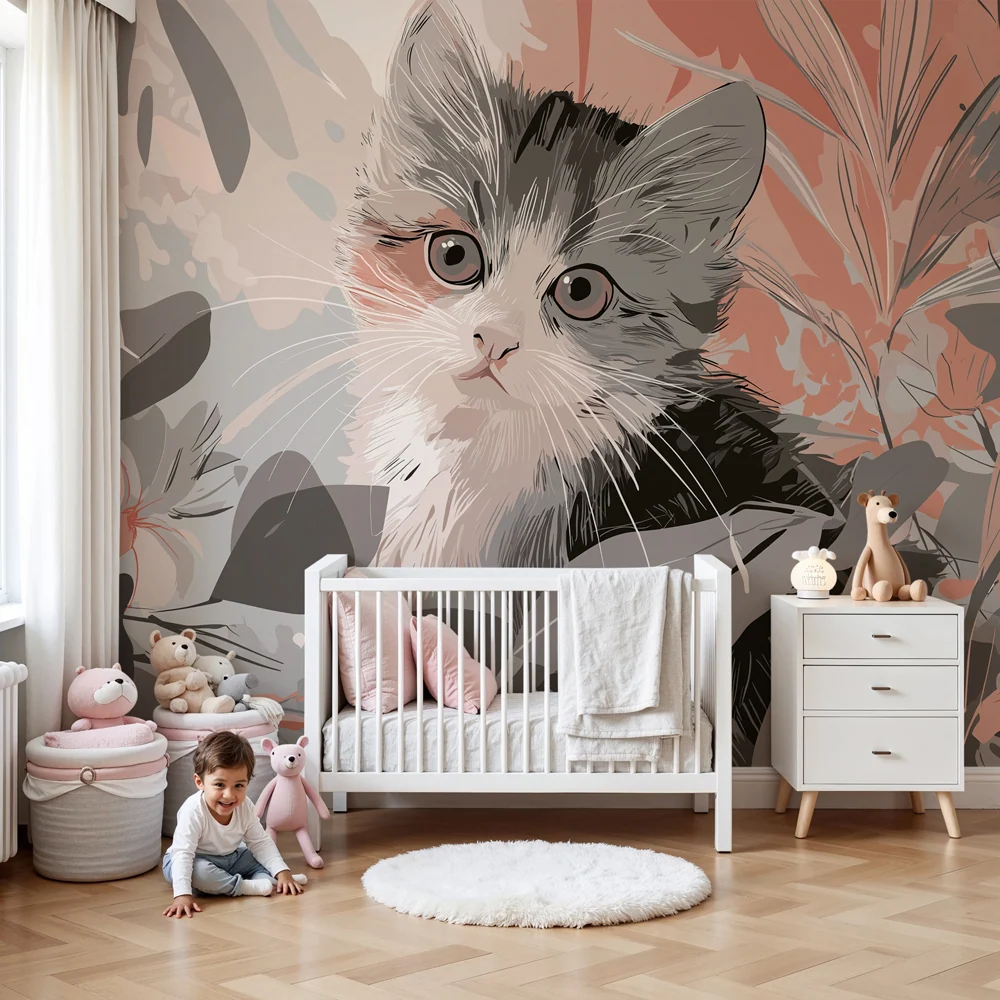 Papier peint chambre enfant | Chaton curieux dans un jardin floral
