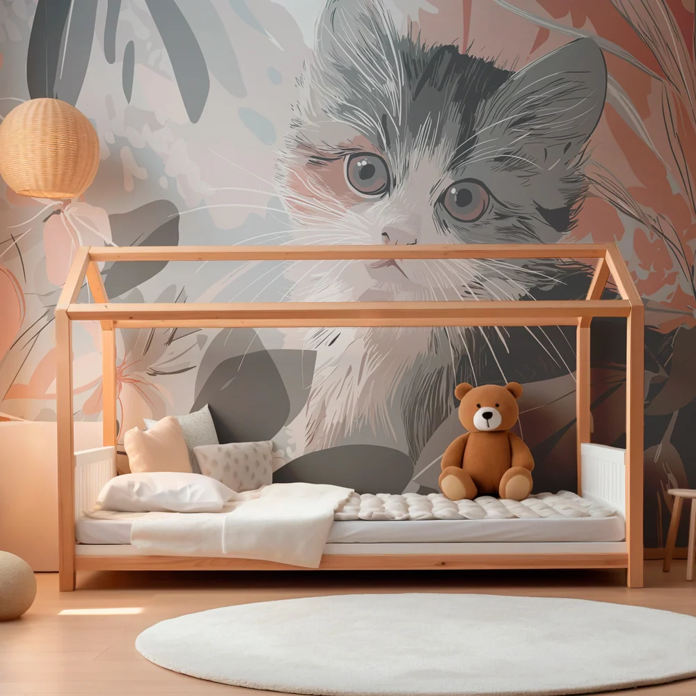 Papier peint chambre enfant | Chaton curieux dans un jardin floral