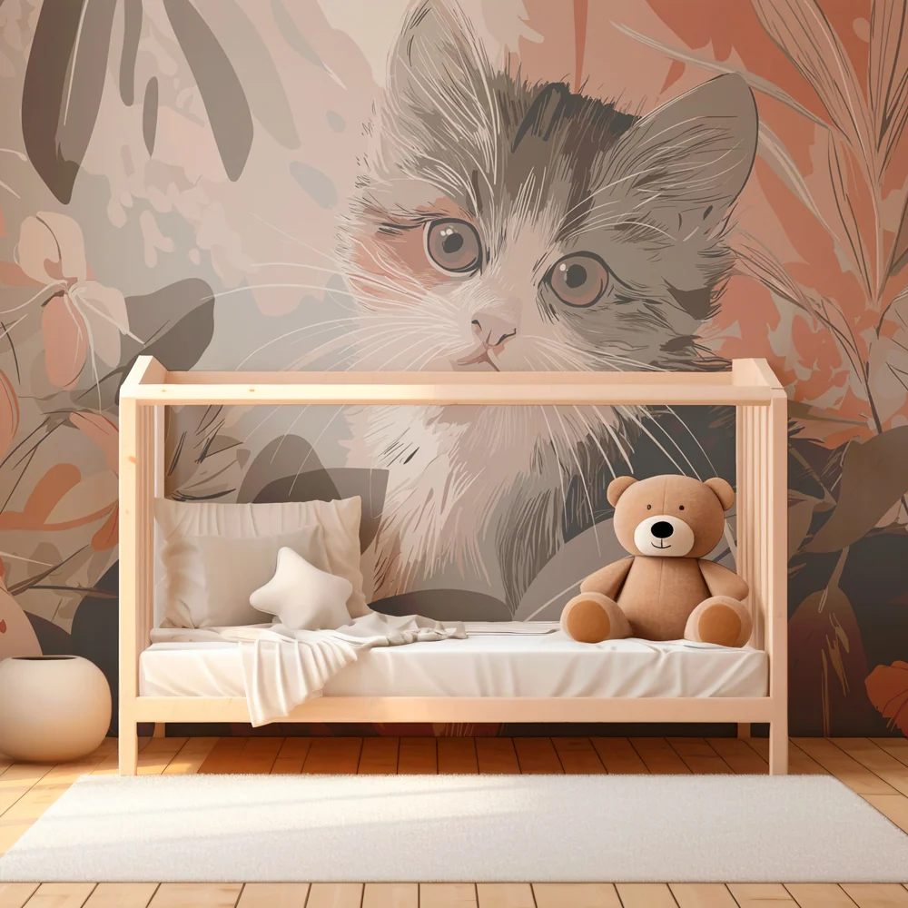 Papier peint chambre enfant | Chaton curieux dans un jardin floral