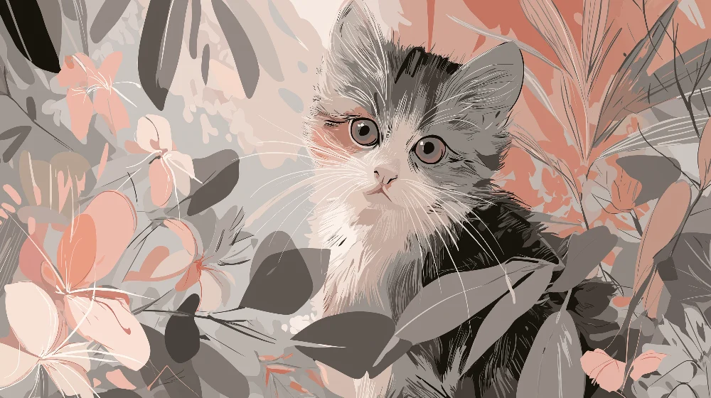 Papier peint chambre enfant | Chaton curieux dans un jardin floral