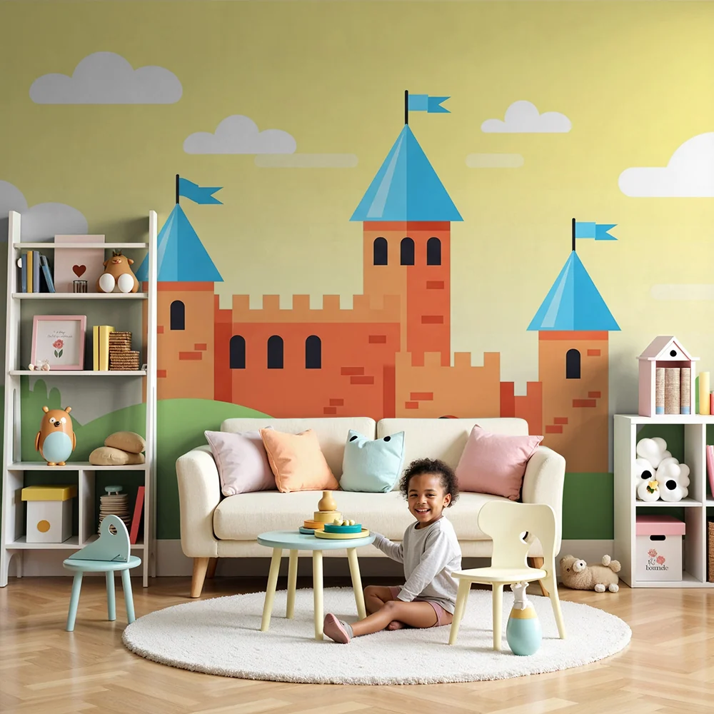 Papier peint chambre enfant | Château coloré avec ciel ensoleillé et collines douces