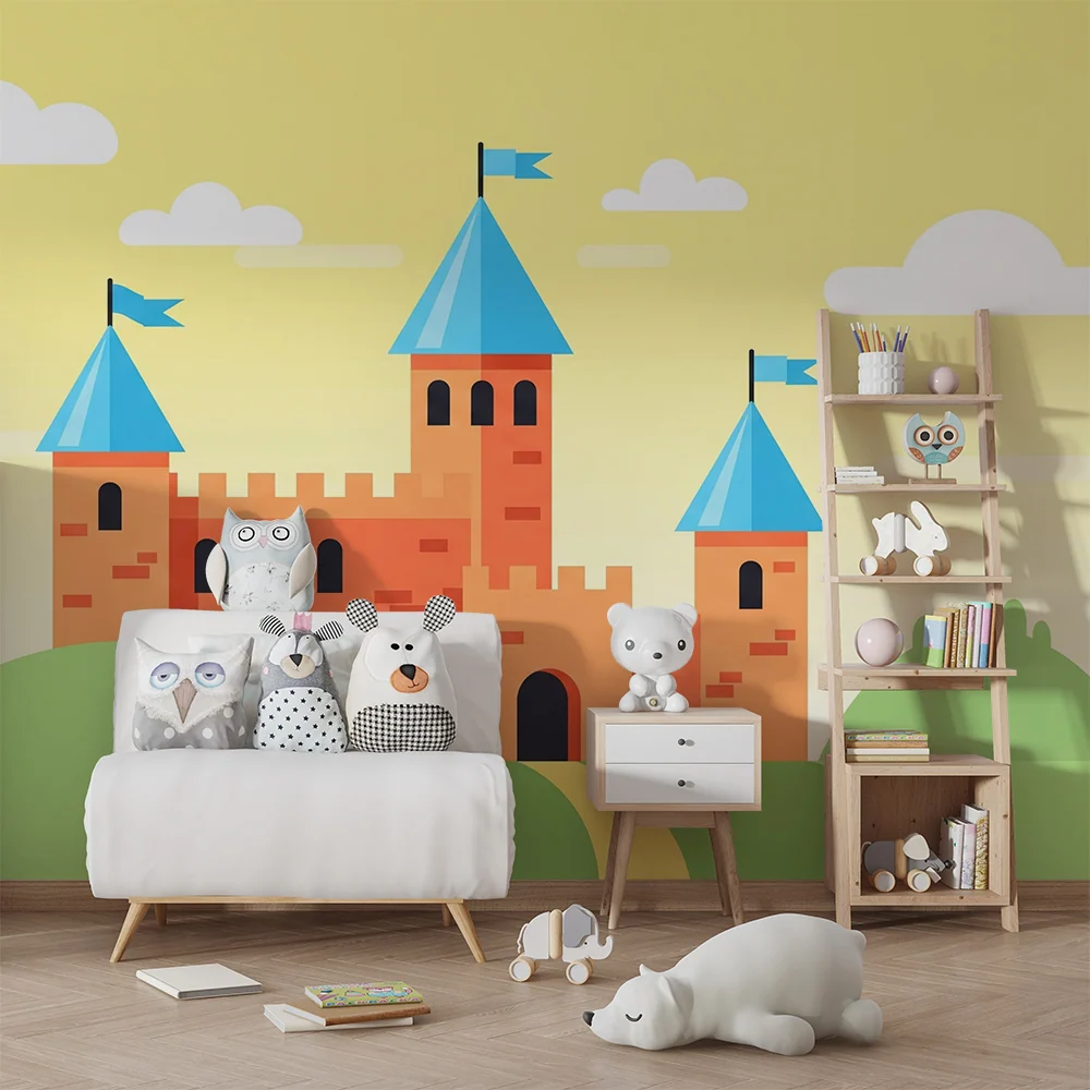 Papier peint chambre enfant | Château coloré avec ciel ensoleillé et collines douces