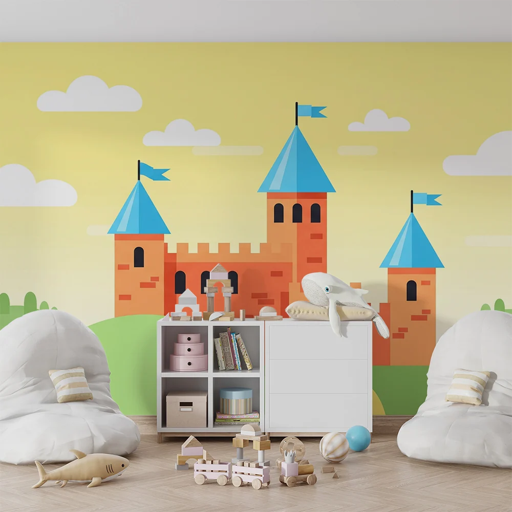 Papier peint chambre enfant | Château coloré avec ciel ensoleillé et collines douces