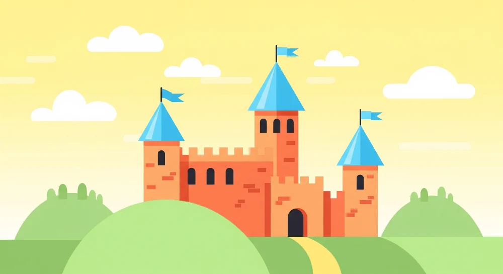 Papier peint chambre enfant | Château coloré avec ciel ensoleillé et collines douces