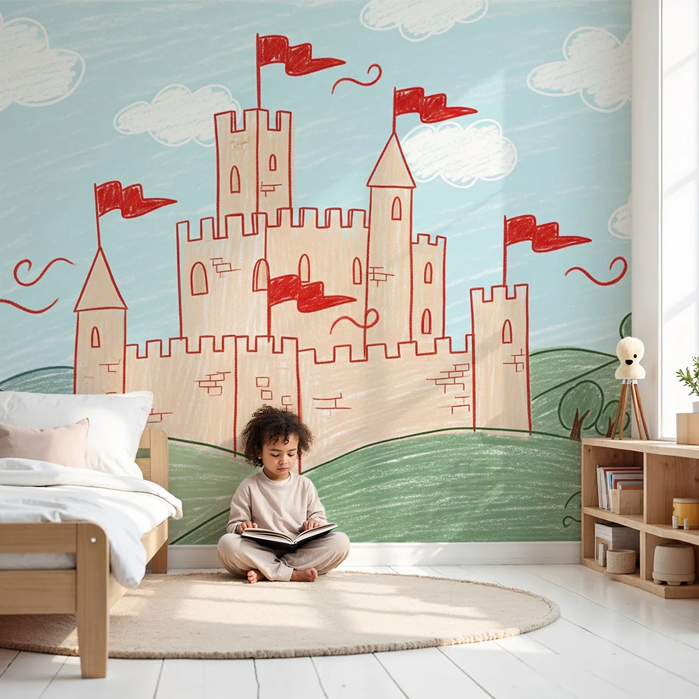 Papier peint chambre enfant | Château coloré avec drapeaux et paysage enchanteur