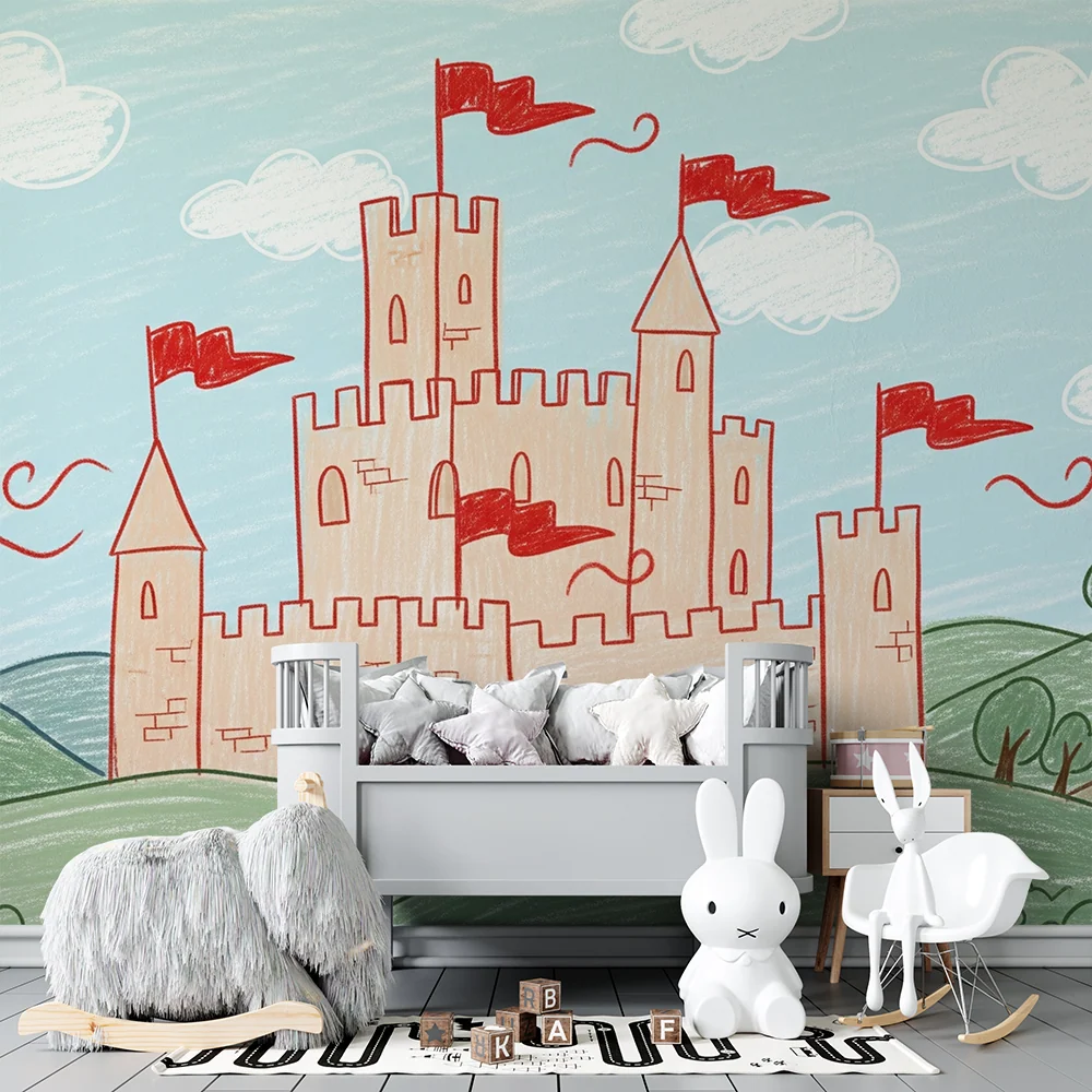 Papier peint chambre enfant | Château coloré avec drapeaux et paysage enchanteur