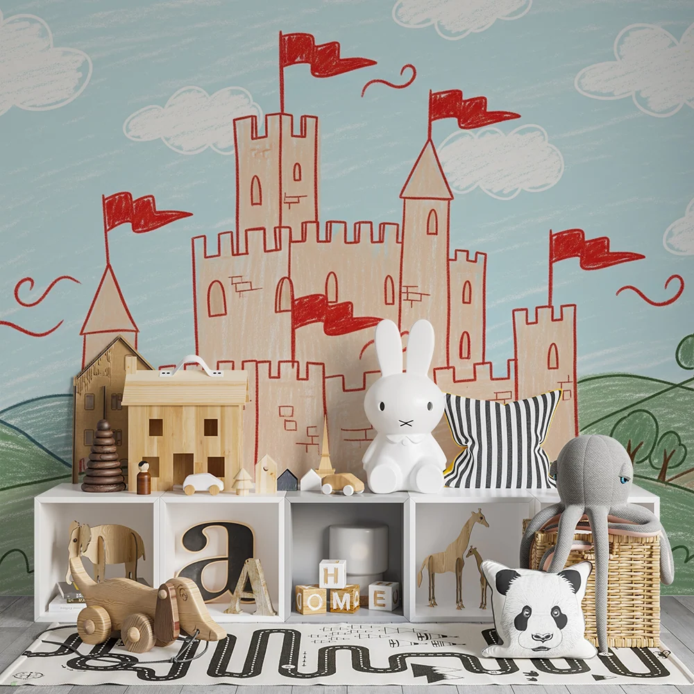 Papier peint chambre enfant | Château coloré avec drapeaux et paysage enchanteur