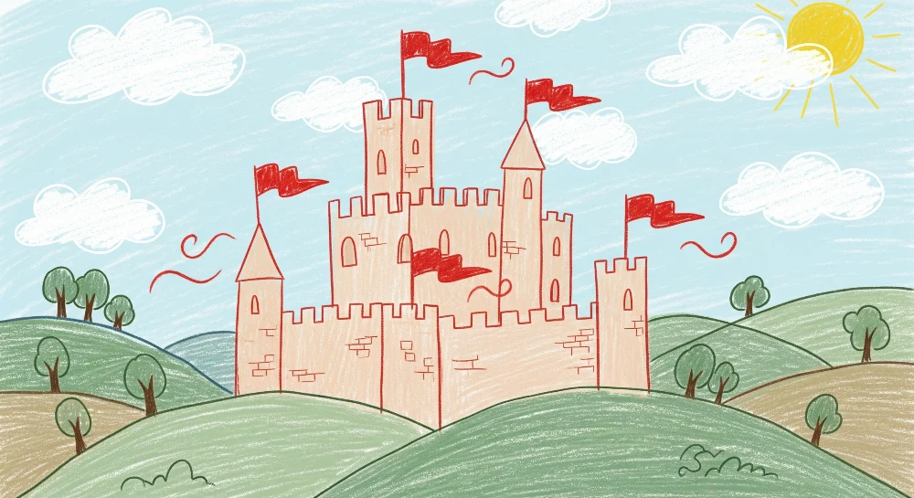 Papier peint chambre enfant | Château coloré avec drapeaux et paysage enchanteur
