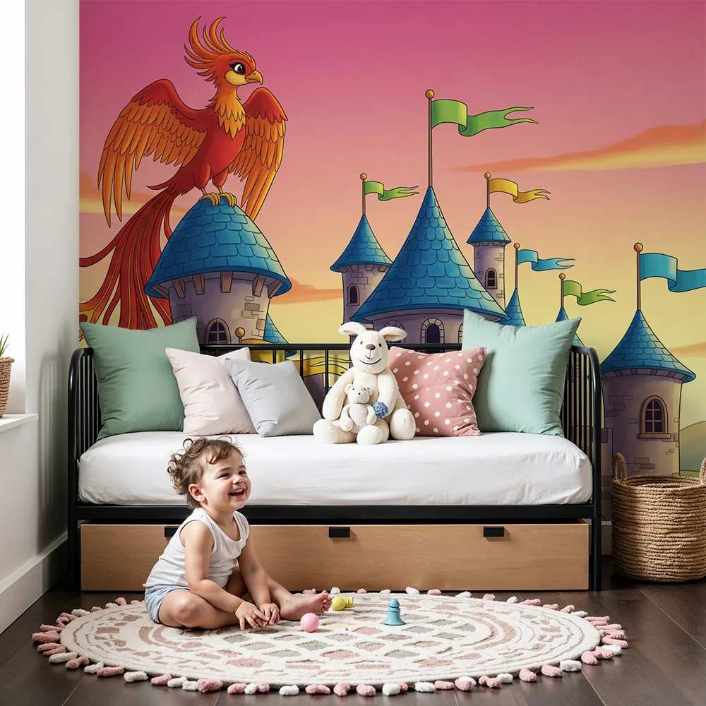 Papier peint chambre enfant | Château féerique avec un oiseau légendaire