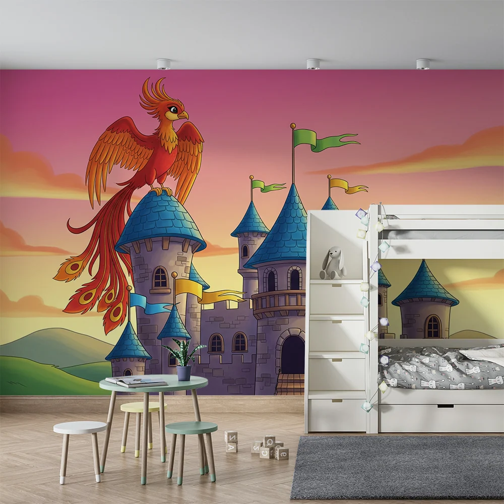 Papier peint chambre enfant | Château féerique avec un oiseau légendaire