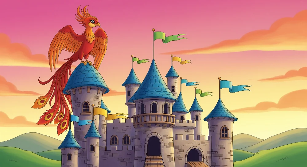 Papier peint chambre enfant | Château féerique avec un oiseau légendaire