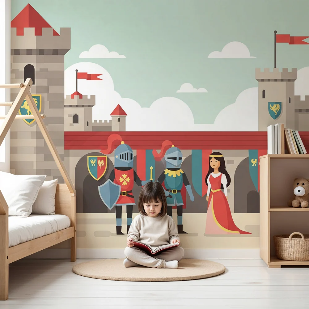 Papier peint chambre enfant | Château médiéval avec chevaliers et princesse