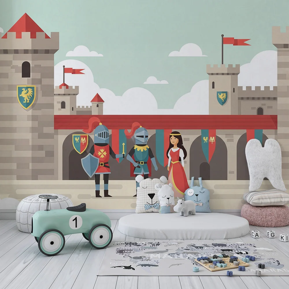 Papier peint chambre enfant | Château médiéval avec chevaliers et princesse