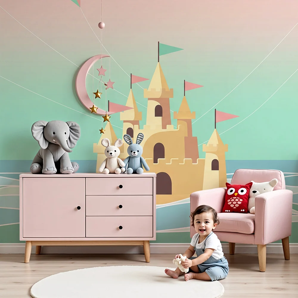 Papier peint chambre enfant | Château de sable coloré au bord de la mer