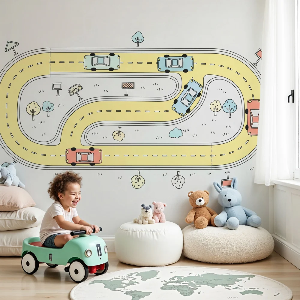 Papier peint chambre enfant | Circuit de voitures animé