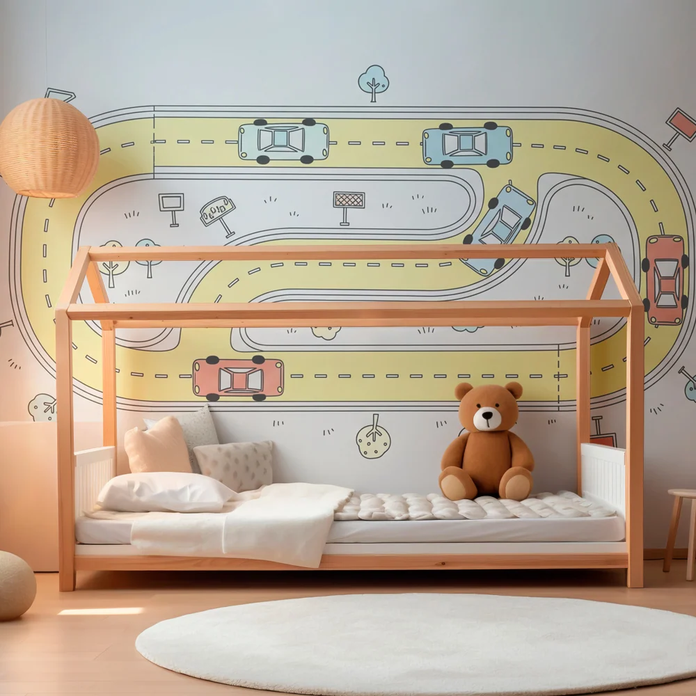 Papier peint chambre enfant | Circuit de voitures animé