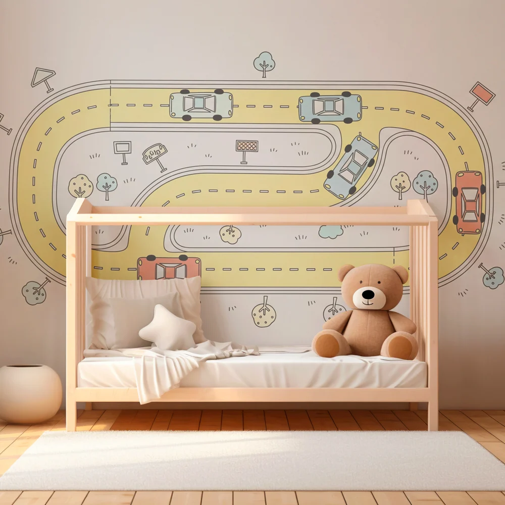 Papier peint chambre enfant | Circuit de voitures animé